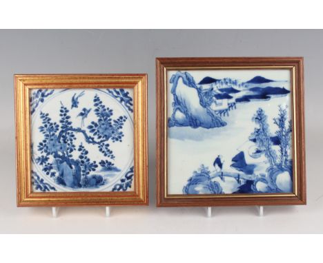 A Chinese blue and white export porcelain square tile, Kangxi period, painted with a circular panel of two birds flying above