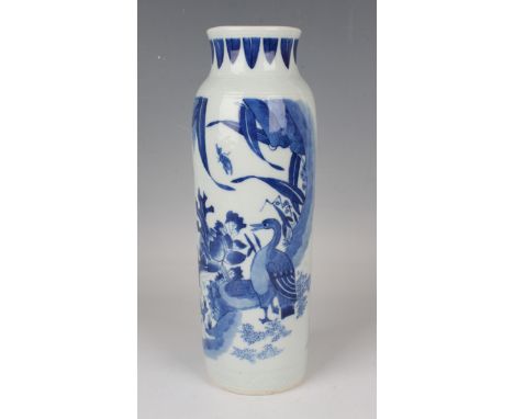 A Chinese Transitional style blue and white porcelain vase, the cylindrical body painted with birds beside a lotus pond, with