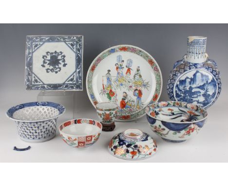 A group of Chinese and Japanese porcelain, late 17th century and later, including a blue and white tile, Kangxi period, paint