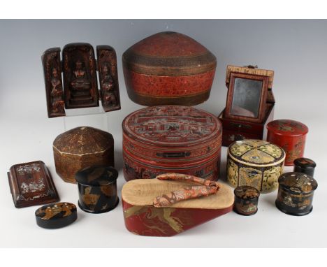 A Burmese lacquer cylindrical box and cover, late 19th century, decorated with figural scenes on a red ground, height 11.6cm,