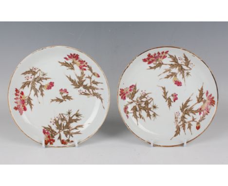 A pair of Chinese porcelain saucer dishes, mark of Qianlong but late Qing dynasty, each enamelled with sprays of pink and yel