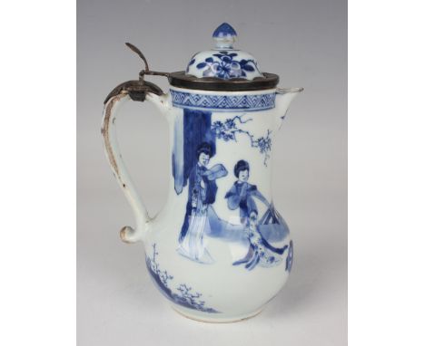 A Chinese blue and white export porcelain jug and cover, Kangxi period, with later Dutch silver mounts, the low-bellied balus