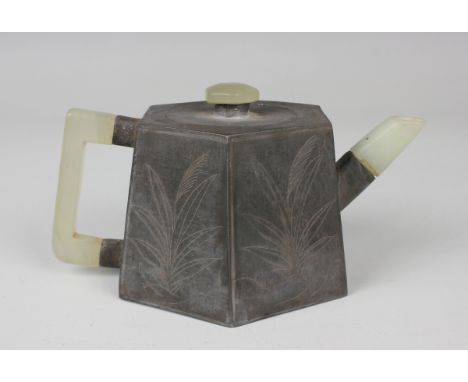 A Chinese pewter mounted Yixing stoneware diminutive teapot and cover, late Qing dynasty, of tapered hexagonal form, engraved