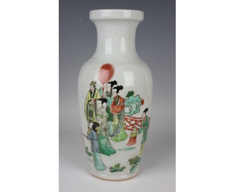 A Chinese famille verte porcelain vase, mark of Kangxi but later, the shouldered tapering body painted with a figural scene, 