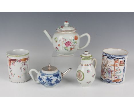 A small group of Chinese export porcelain, 18th century, comprising a blue and white teapot, Kangxi period, painted with frui