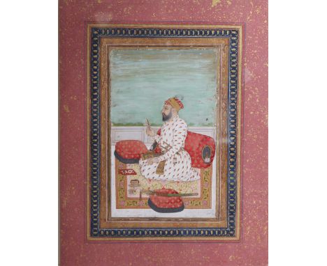 An Indian Mughal School watercolour painting, probably early 18th century, depicting a portrait of Bahadur Shah I, 29.5cm x 2