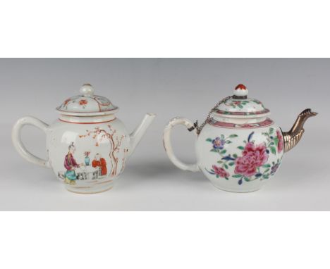 A Chinese famille rose export porcelain teapot and cover, Qianlong period, the globular body painted with figures in landscap