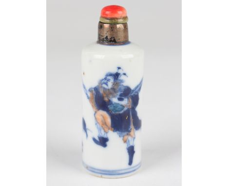 A Chinese underglaze blue and white porcelain snuff bottle, mark of Qianlong but later Qing dynasty, of cylindrical form, pai