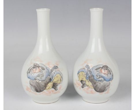 A pair of Chinese porcelain bottle vases, mark of Yongzheng but Republic style, each pear form body painted with a figure of 