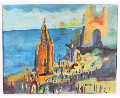 After Sayed Haider Raza - an Indian style painting on paper depicting a landscape, 54cm x 69cm, unframed, together with a sma