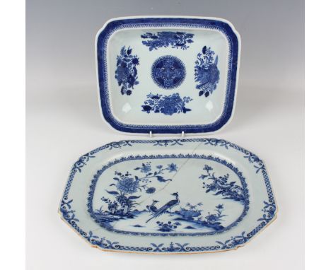 A Chinese blue and white export porcelain meat dish, Qianlong period, painted with a pair of pheasants amidst flowers, length