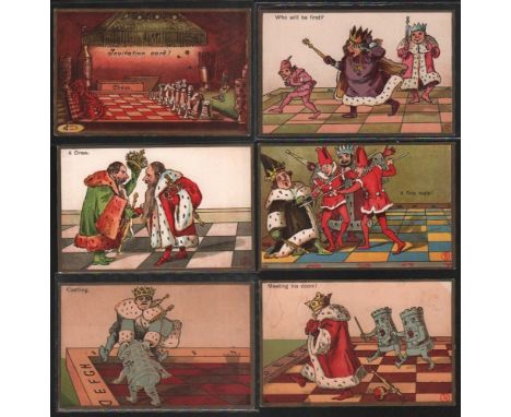 Postkarte. Karikaturen mit vermenschlichten Schachfiguren. Serie mit 12 farbigen Postkarten aus dem Verlag Robert Schmidt (Sc