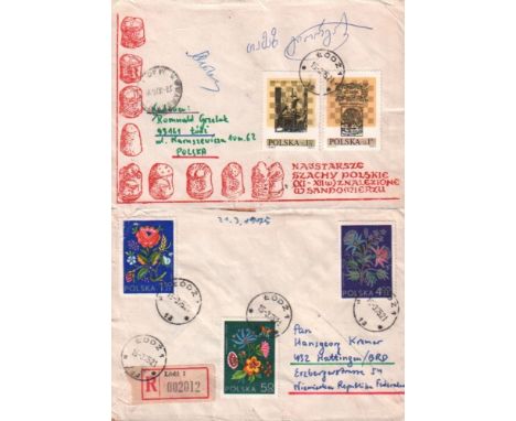 Tal, Michail. Postalisch gelaufener Briefumschlag von R. Grzelak an H. Kremer vom 15.3.1975 mit gedrucktem Schachmotiv und 2 