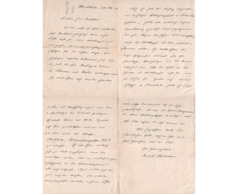 Spielmann, Rudolf. Eigenhändig geschriebener Brief von Spielmann in deutscher Sprache, Stockholm vom 29. Okt. 1930 und signie