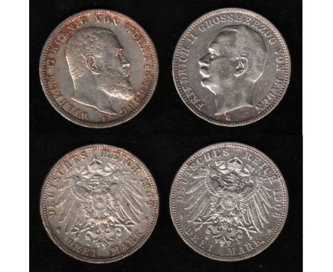 Deutsches Reich. Silbermünze. 3 Mark. Wilhelm II., König von Württemberg. F 1909. Vorderseite: Porträt und Aufschrift; Rückse