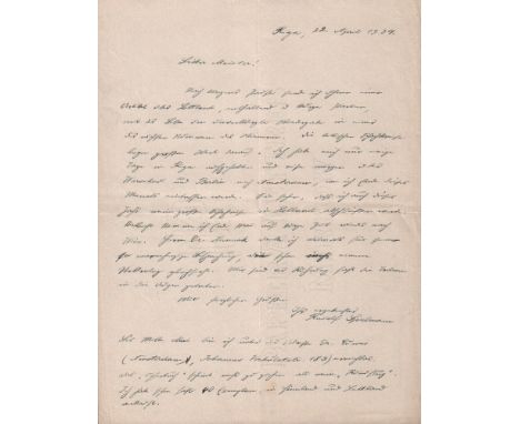 Spielmann, Rudolf. Eigenhändig geschriebener Brief von Spielmann in deutscher Sprache, Riga vom 22. April 1934 und signiert. 
