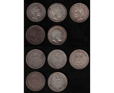 Deutsches Reich. Silbermünzen. 2 Mark / Sammlung von 5 Münzen zu 2 Mark. Vorderseiten: Verschiedene Porträts und Aufschriften