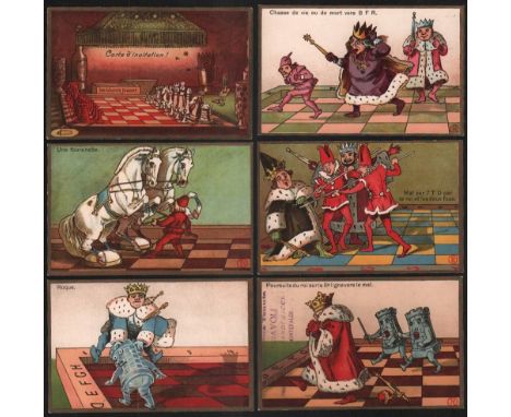 Postkarte. Karikaturen mit vermenschlichten Schachfiguren. Serie mit 11 (statt 12?) farbigen Postkarten aus dem Verlag Robert