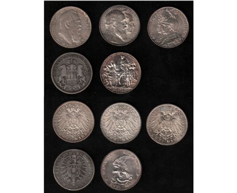 Deutsches Reich. Silbermünzen. 2 Mark / Sammlung von 5 Münzen zu 2 Mark. Vorderseiten: Verschiedene Porträts und Aufschriften