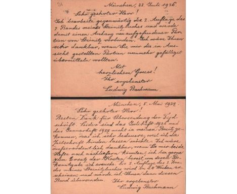 Bachmann, Ludwig. 2 postalisch gelaufene Postkarten mit eigenhändig von Bachmann geschriebenen Text an Strick van Linschoten 