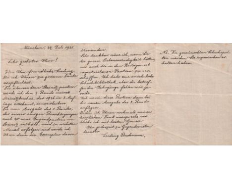 Bachmann, Ludwig. Eigenhändig geschriebener Brief von Bachmann in deutscher Sprache vom 27. Juli 1925 und signiert. Gefaltete