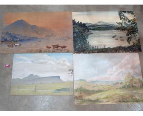 Four unframed watercolour or pastel landscape drawings