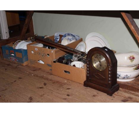 Three boxes of china, oak clock, wash bowls and walking sticks