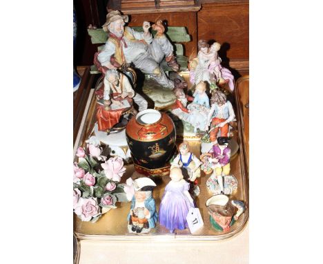 Capo di monte figures, Royal Doulton figure and character jug, pair of Sitzendorf figures, Devon lustre bowl, Carlton Ware, e