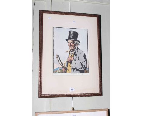 Hand coloured wood-cut print of a huntsman, signed in pencil and numbered 26/100, 33cm by 26cm, in glazed frame