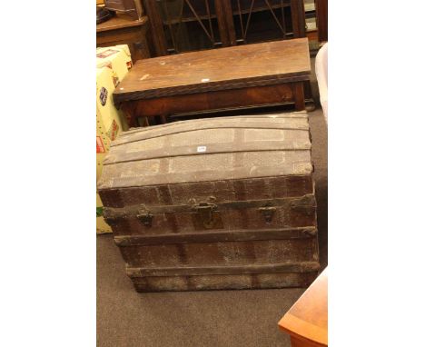 Vintage dome topped wood bound trunk and Victorian mahogany fold top tea table (2)