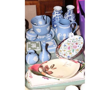 Wedgwood Jasperware, Minton Haddon Hall, Masons, Carlton, Wilton, Spode and Limoges dishes and two Chinese vases
