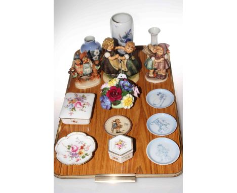 Three Hummel figures, three Copenhagen vases and three dishes, three pieces of Royal Crown Derby 'Derby Posies' pieces, etc