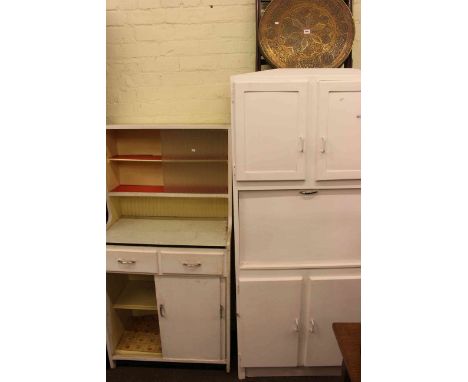 Two vintage kitchen cabinets, circular folding brass topped coffee table, teak nest of three tables and teak tiled top table 