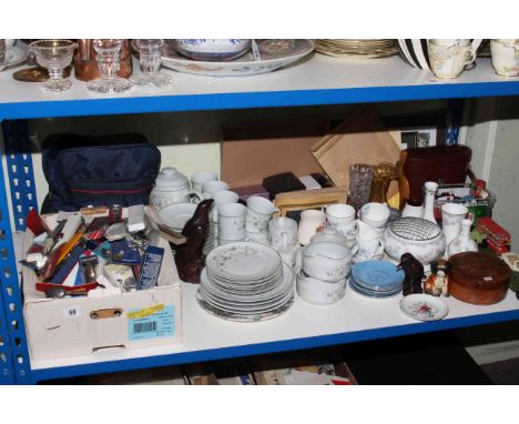 Collection of commemorative spoons, model vehicles, tea and dinnerware, binoculars, camera, etc