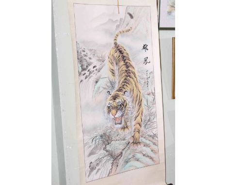 Signed Chinese scroll depicting a ferocious tiger