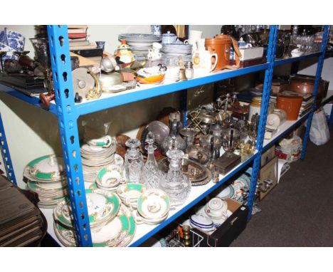 Myott dinnerware, collection of silver plate, stoneware bottles, canteen of cutlery, binoculars, records, large copper pot, b