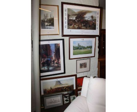 Large print 'The Defence of Rorkes Drift', three limited edition prints including Durham, furnishing prints and mirror