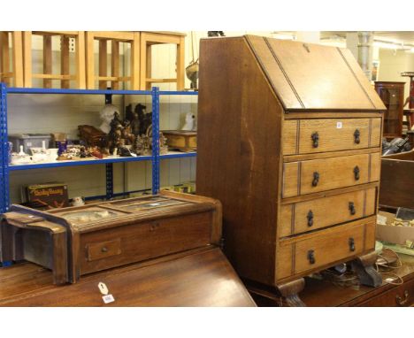 Oak four drawer bureau, 1920's/30's wall clock and onyx standard lamp (3)