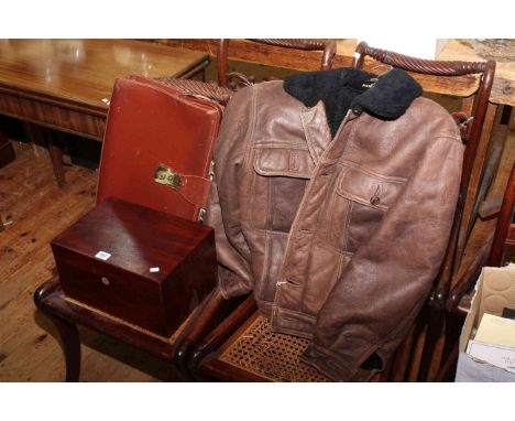 Mahogany jewellery box, leather briefcase and vintage leather motorcycle jacket