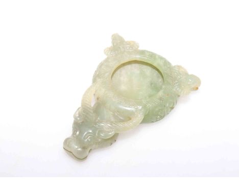 Chinese jade brush washer, carved with the head of a buffalo and rams head, 9cm