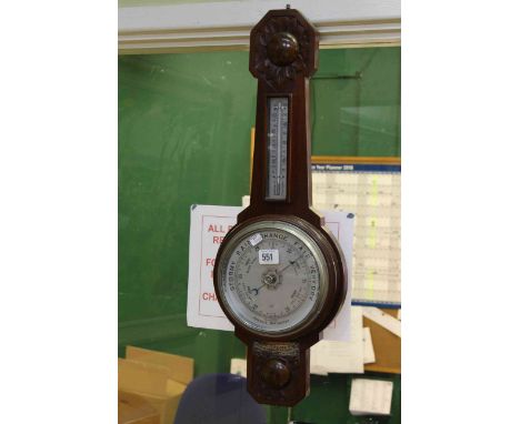 1930's carved walnut aneroid barometer-thermometer