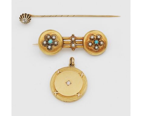 3-tlg.; Gelbgold, teilw. gest. 585. Plastronnadel mit Diamantrose; Brosche mit Türkisen und Saatperlen; Medaillonanhänger mit