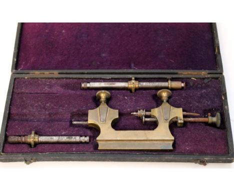 Late 19th century cased Tour a Pivoter watchmaker's tool in velvet lined box, the box 28cm