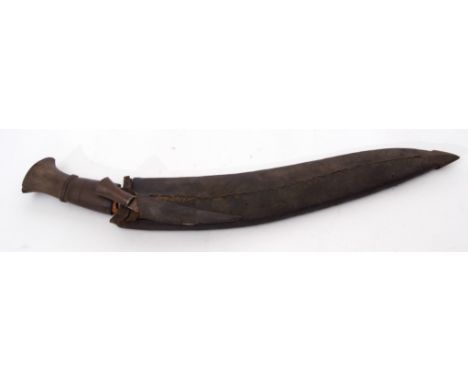 Bhojpur Nepalese Kukri in leather scabbard (a/f), lacking one skinning tool, 47cm long