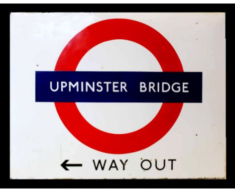 Large enamel sign for Upminster Bridge underground station "Way Out", with usual blue logo on white enamel ground, 152cm long