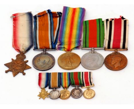 First and Second World War medal group of five plus miniatures impressed C H 19798 Pte C J Capon of The Royal Marine Light In