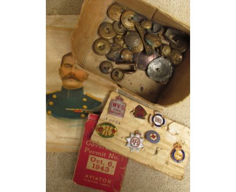 A quantity of military buttons, silks of notable people, badges and 1943 US playing cards 