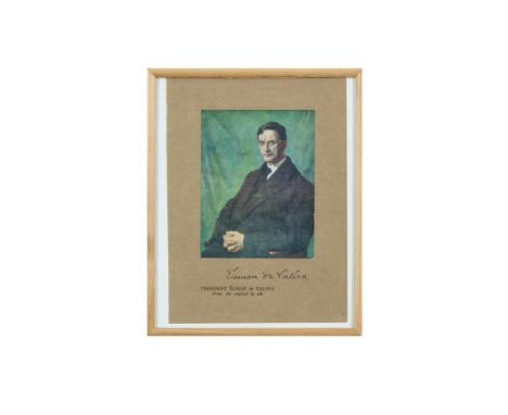 EAMON DE VALERAA colour reproduction portrait, 15 x 11.5cm, mounted on card, the mount signed by de Valera, framed