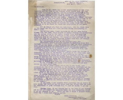 ARMY OF THE IRISH REPUBLICJAMES CONNOLLY: HIS LAST DESPATCH FROM THE G.P.O., 1916A cyclostyled document, printed in purple in