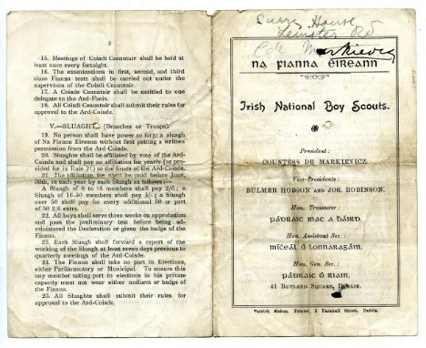 NA FIANNA EIREANN &  COUNTESS MARKIEWICZ A printed rule-sheet for Na Fianna Eireann, Irish National Boy Scouts, President: Co
